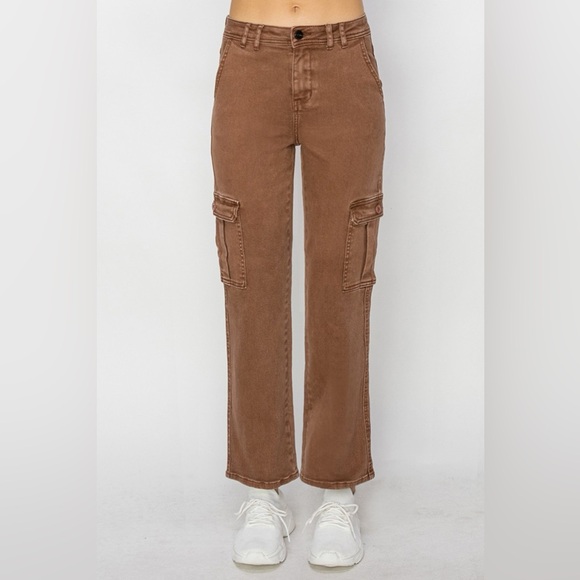 NWT RISEN PLUS + REG Size Espresso Brown High Rise Straight Leg 90s Cargo Jeans - Picture 4 of 10